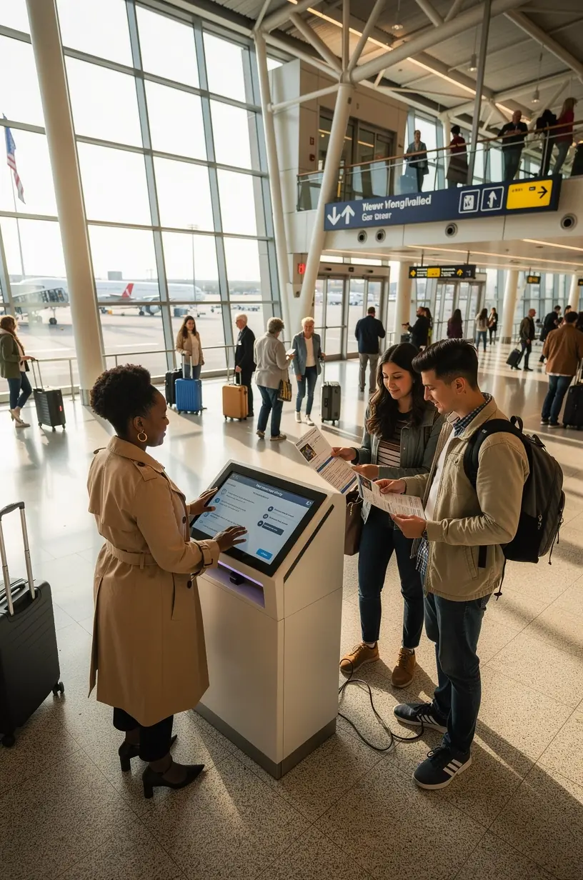 Пассажир внимательно изучает напечатанный маршрут путешествия, полученный в оффлайн киоске в аэропорту США.