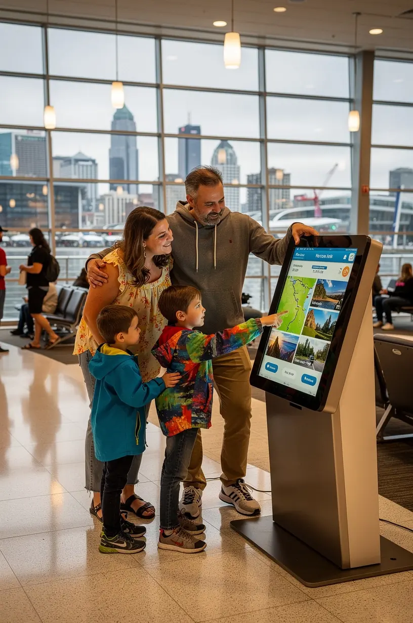 Современный киоск для консьержа в аэропорту США с интерактивным экраном для выбора маршрута путешествия.