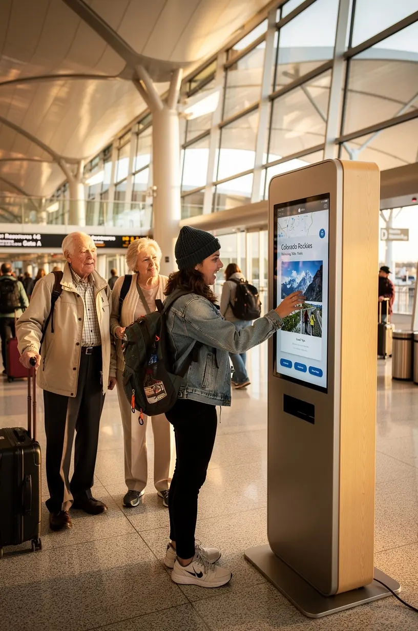 Пассажир использует оффлайн киоск в аэропорту для получения персонализированного маршрута по США, распечатываемого за минуты.