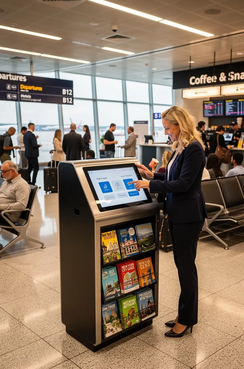 Экран киоска показывает подробное расписание и рекомендации по путешествию по популярным туристическим направлениям США.